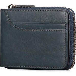 Men's A-Dark Blue Wallets Genuine Leather Front Around Zip Pocket Credit Card